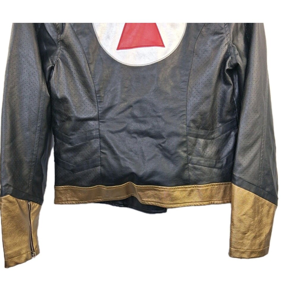 Marvel Black Widow Her Universe Moto Jacket Black Gold Faux Leather Ss L Junior - Picture 9 of 16